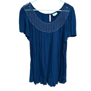 St John's Bay Crochet Neck Top Blouse Short Sleeve Casual Navy Blue 2X‎